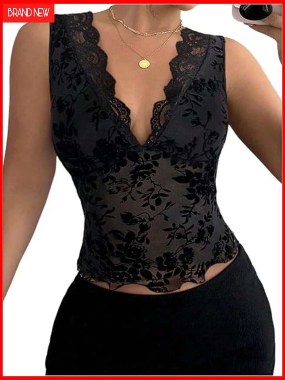 Sheer Mesh V-Neck Crop Top with Lace Trim, Sleeveless Tank